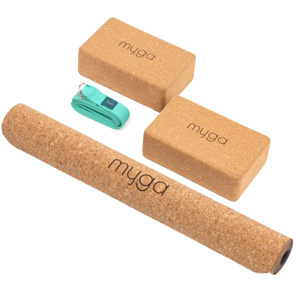 Myga Turquoise Cork Yoga Mat with 2 Cork Blocks and Strap Image 1