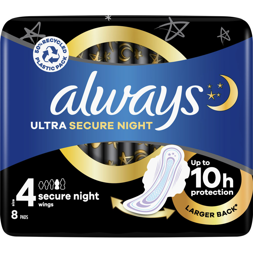 Always Ultra Secure Night Sanitary Towels with Wings Size 4 x 8 Pack Image 1