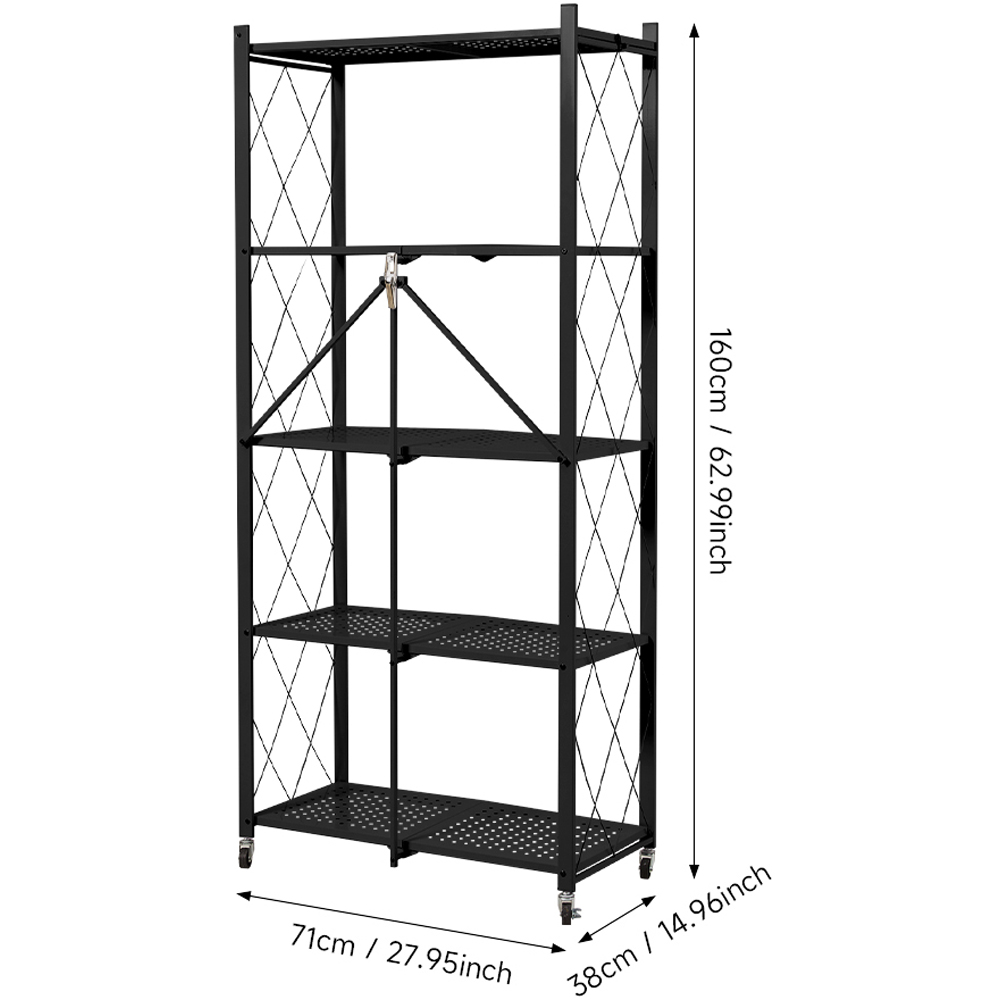 H&O Direct 5 Shelf Metal Foldable Storage Rack with Lockable Wheels and Side Guardrails Image 6