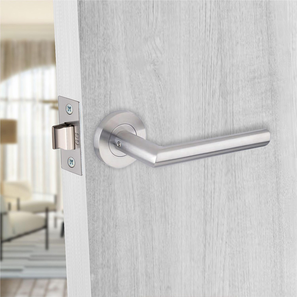 Golden Grace Mitred Satin Nickel Bathroom Door Handle Pair with Mortise, Hinges and Thumbturn 64mm Image 2