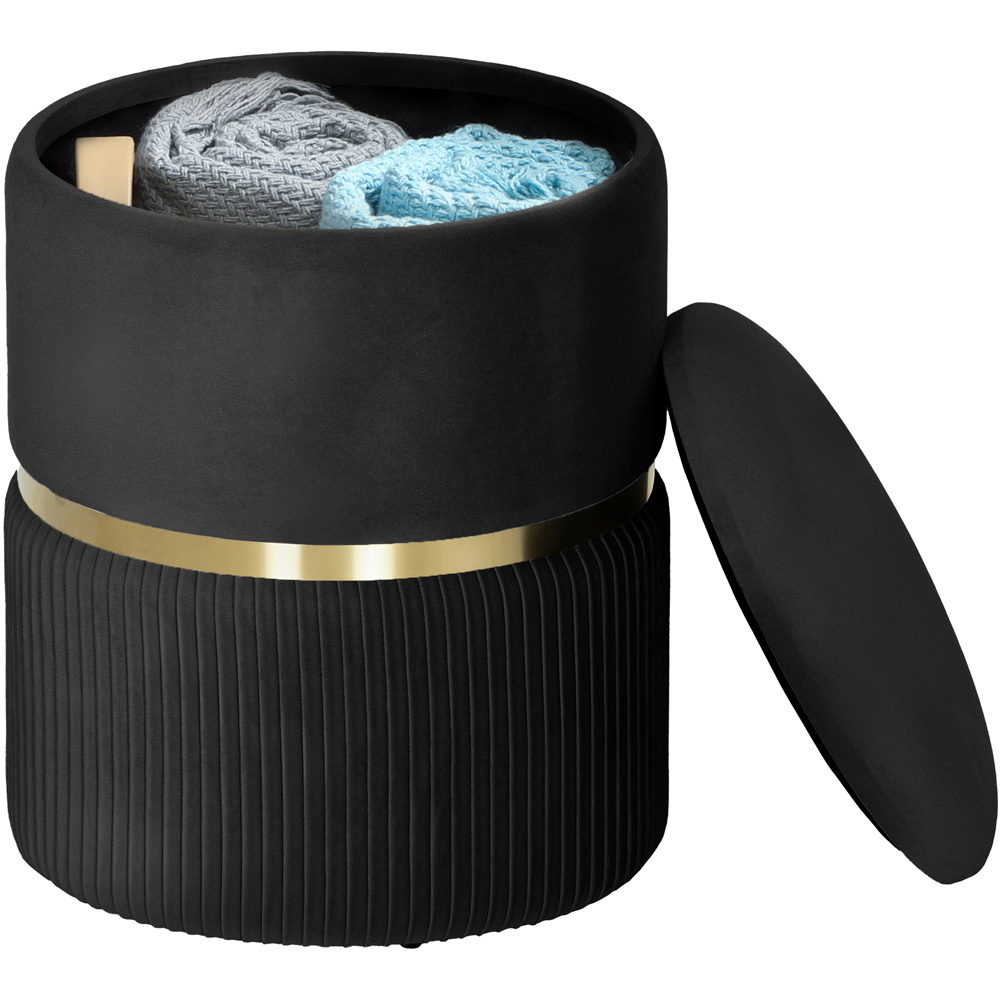 Portland Black Velvet Round Pouffe Footstool with Storage Image 2