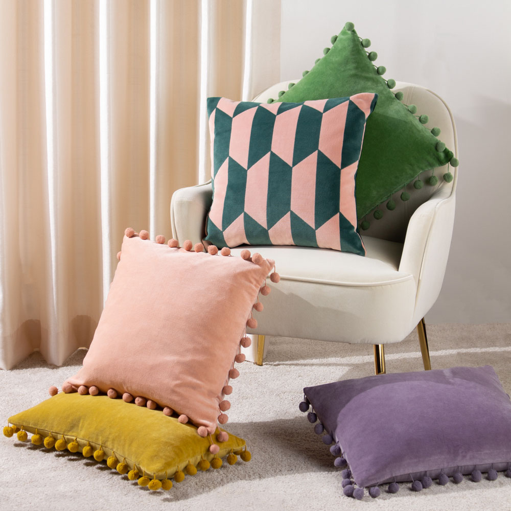furn. Kalho Pink and Green Velvet Jacquard Cushion Image 6