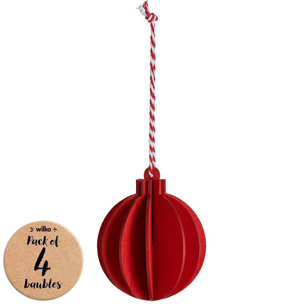 Wilko 4 Pack Joy Red Wooden Pleated Bauble Image 1