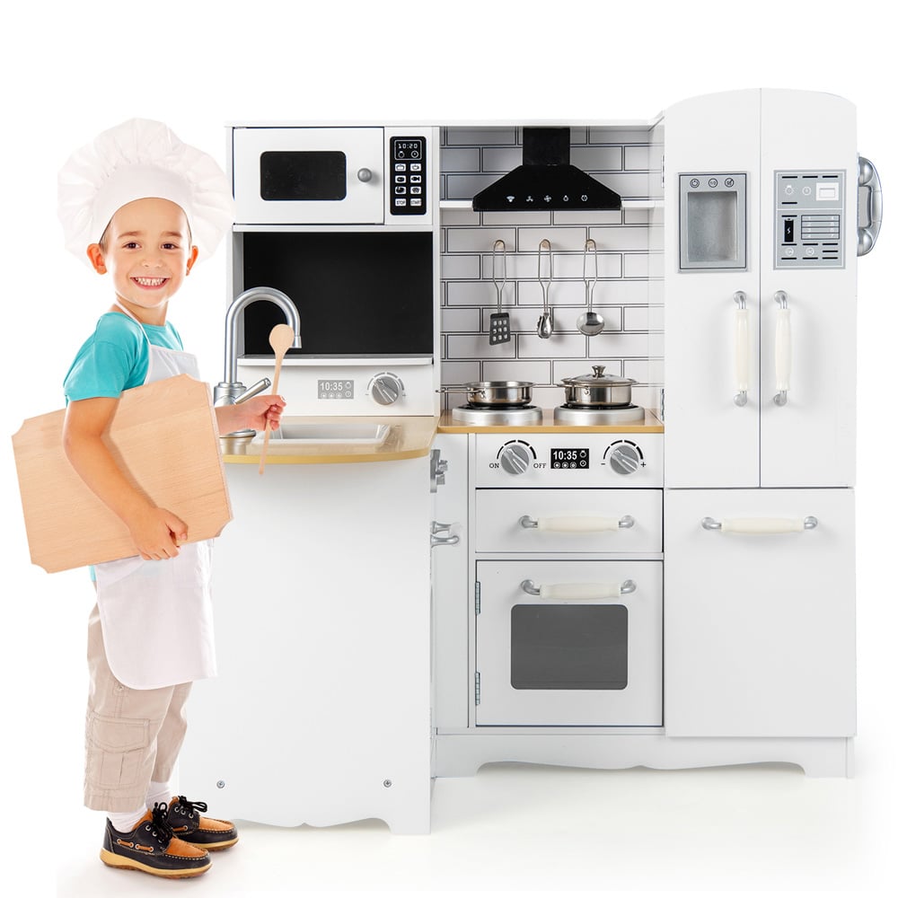 Costway Kids White Wooden Corner Kitchen Play Set with Range Hood Image 3