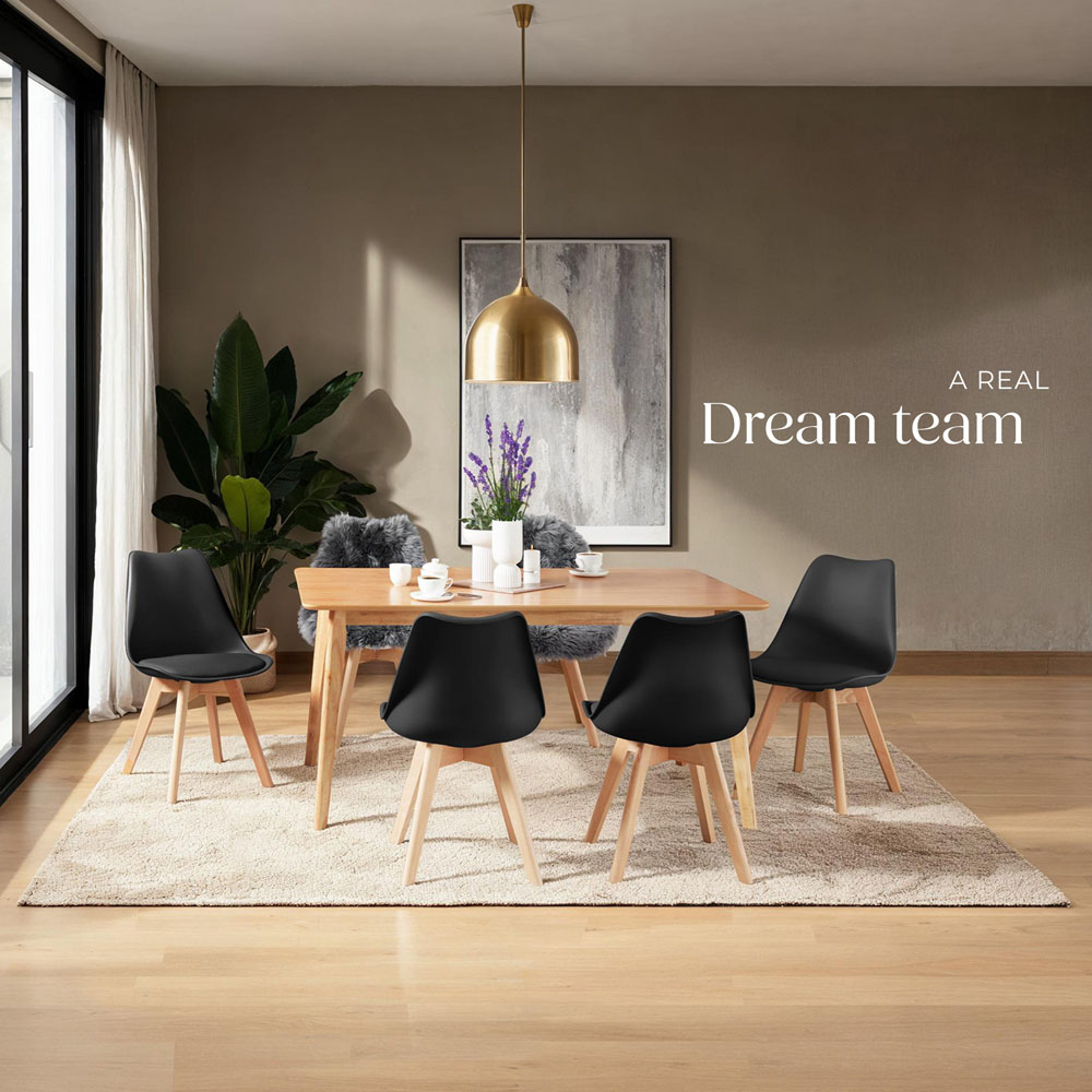 tectake Frederikke Set of 8 Black Padded Dining Chair with Wooden Legs Image 3