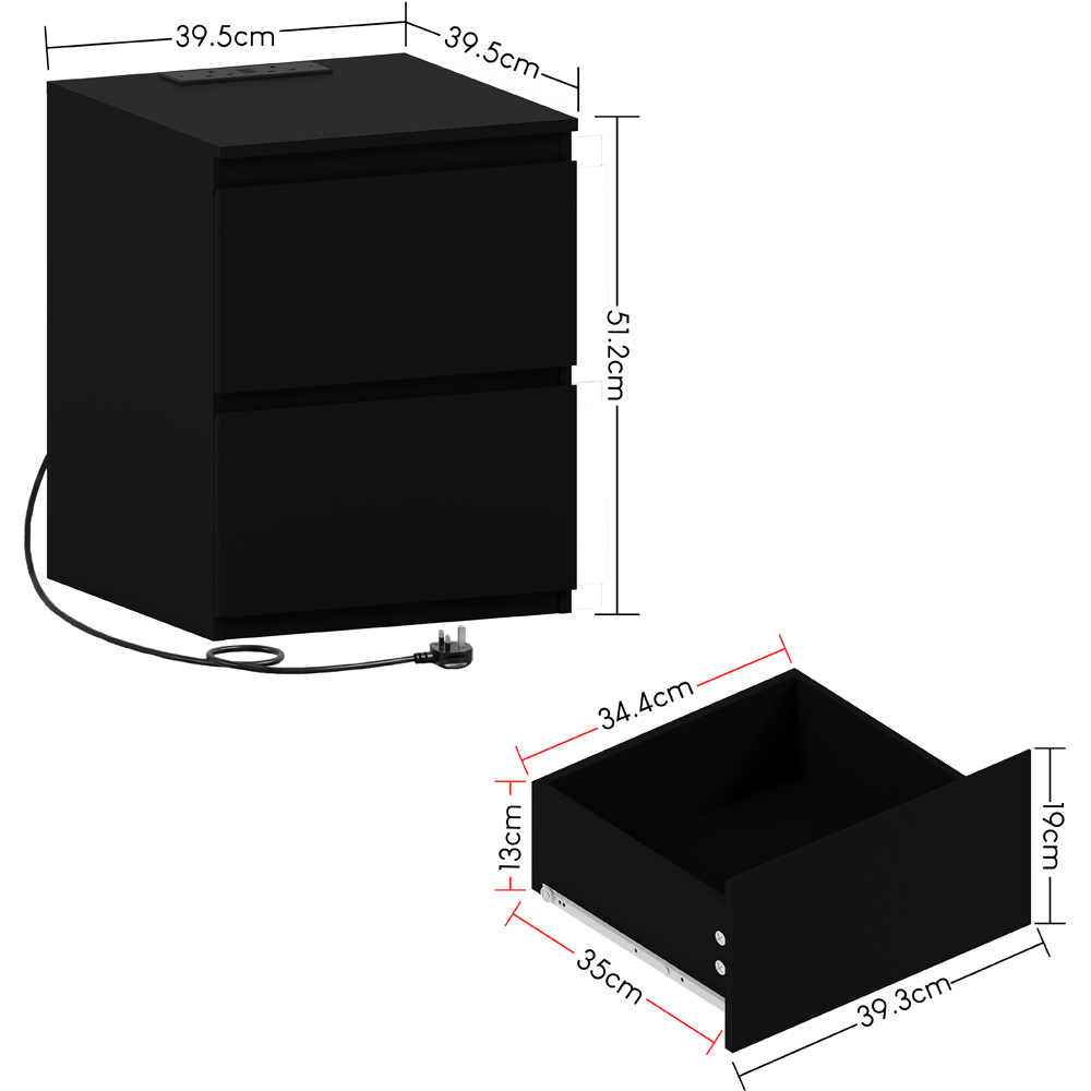VIDA DESIGNS Denver 2 Drawer Black Large Bedside Chest with Power Outlet Set of 2 Image 8