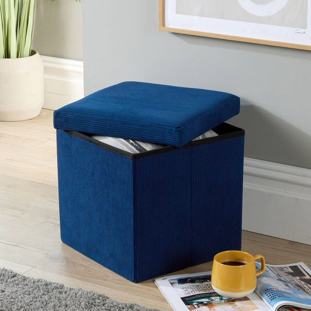 Home Source Blue Corduroy Upholstered Folding Ottoman Image 3
