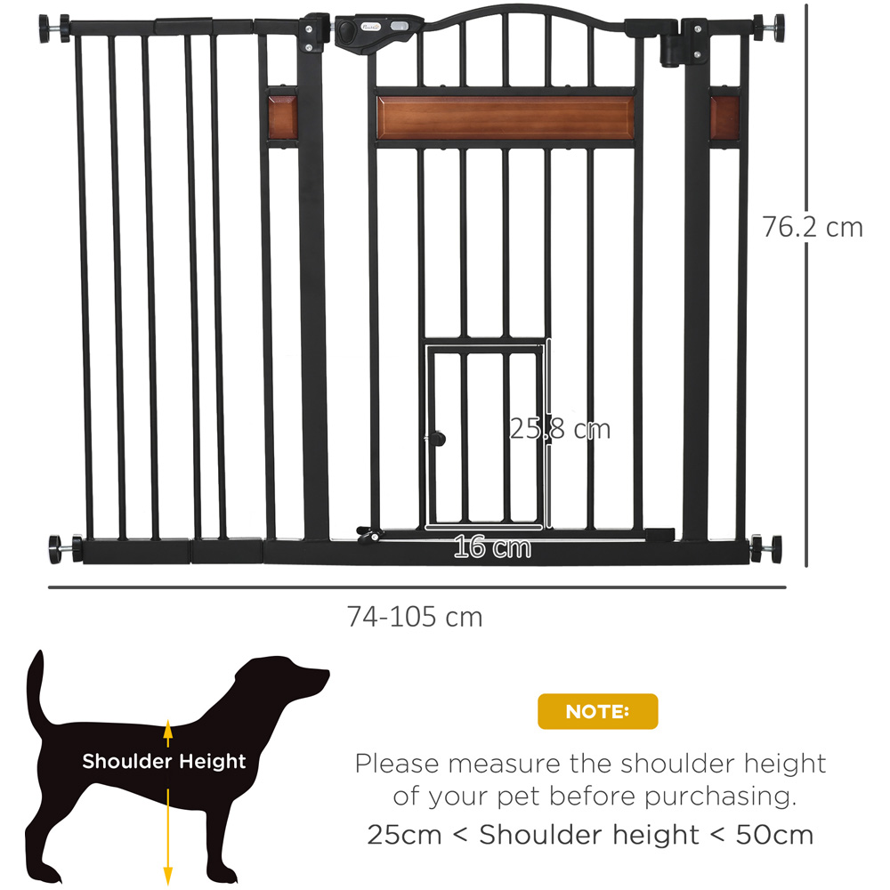 PawHut Black 74-105cm Pine and Metal Pet Safety Gate with Cat Door Image 6