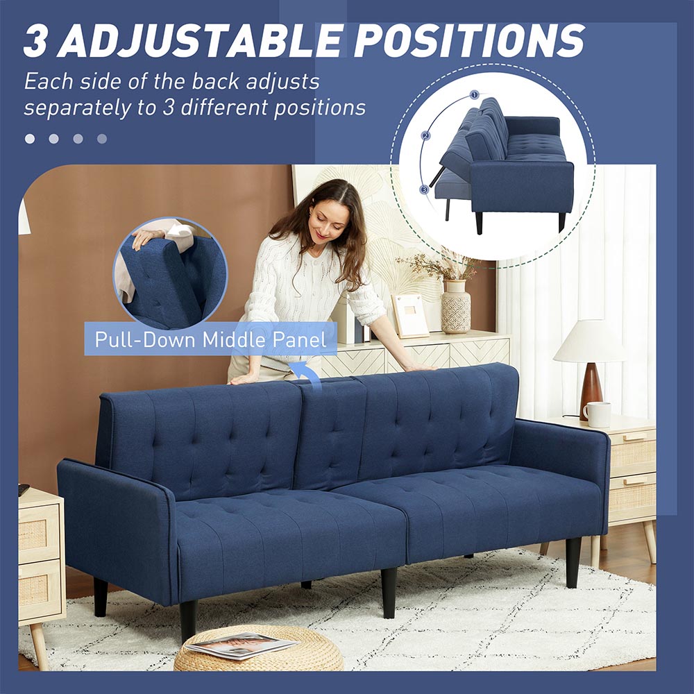 HOMCOM 3 Seater Dark Blue Upholstered Sofa Bed with Storage Image 6