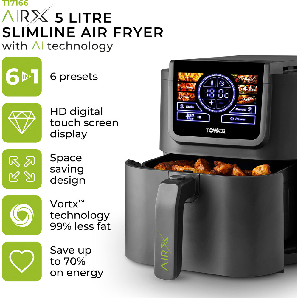 Tower AirX T17166 Grey Single Basket Air Fryer Digital Air Fryer 5L Image 2
