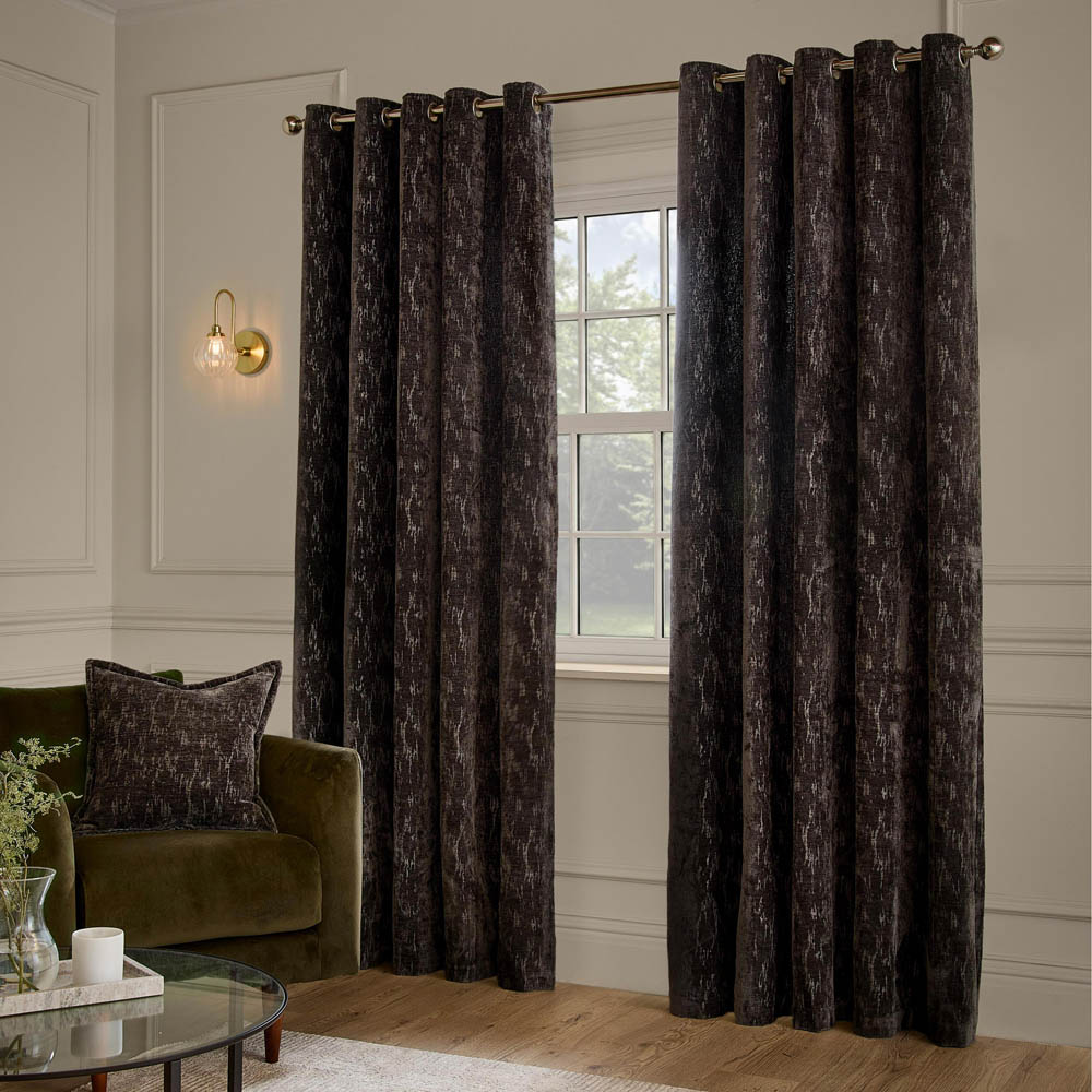 Paoletti Aurelio Charcoal Chenille Fully Lined Eyelet Curtains 168 x 137cm Image 1