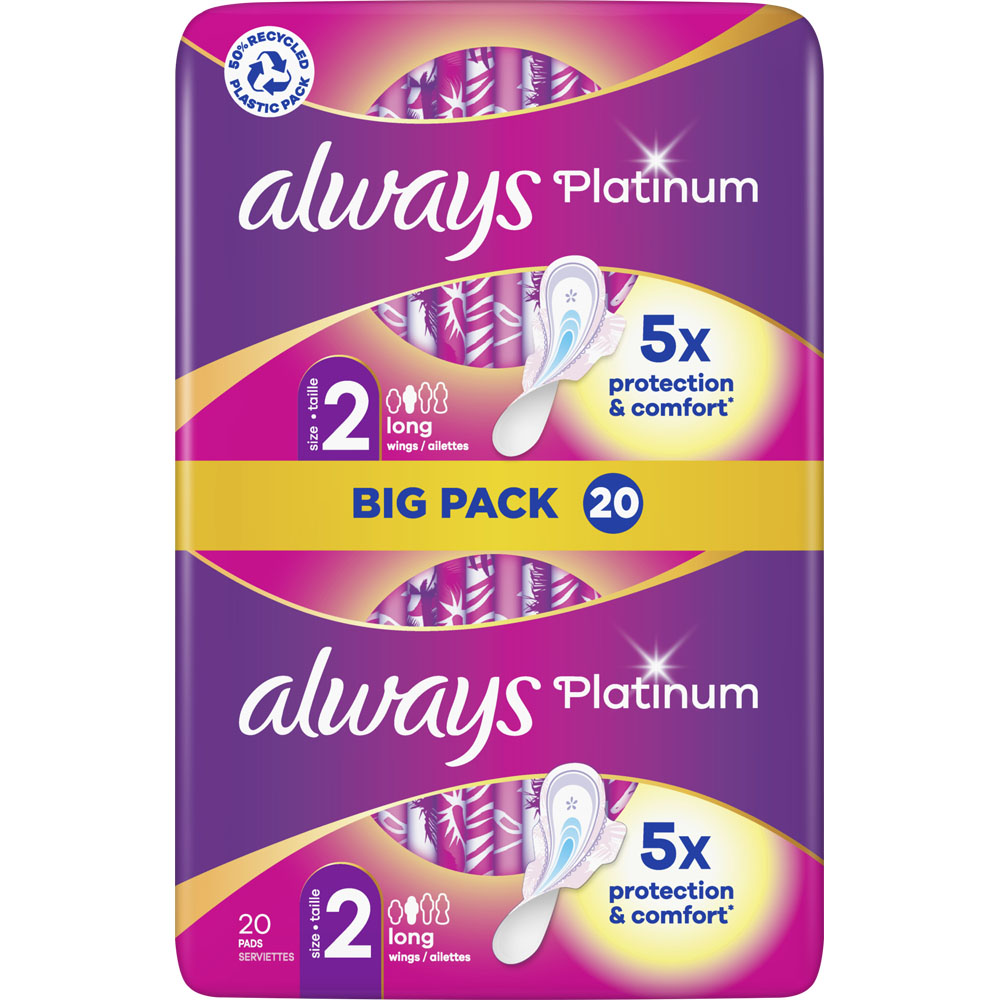 Always Platinum Sanitary Towels with Wings Size 2 Long 20 Pack Image 1