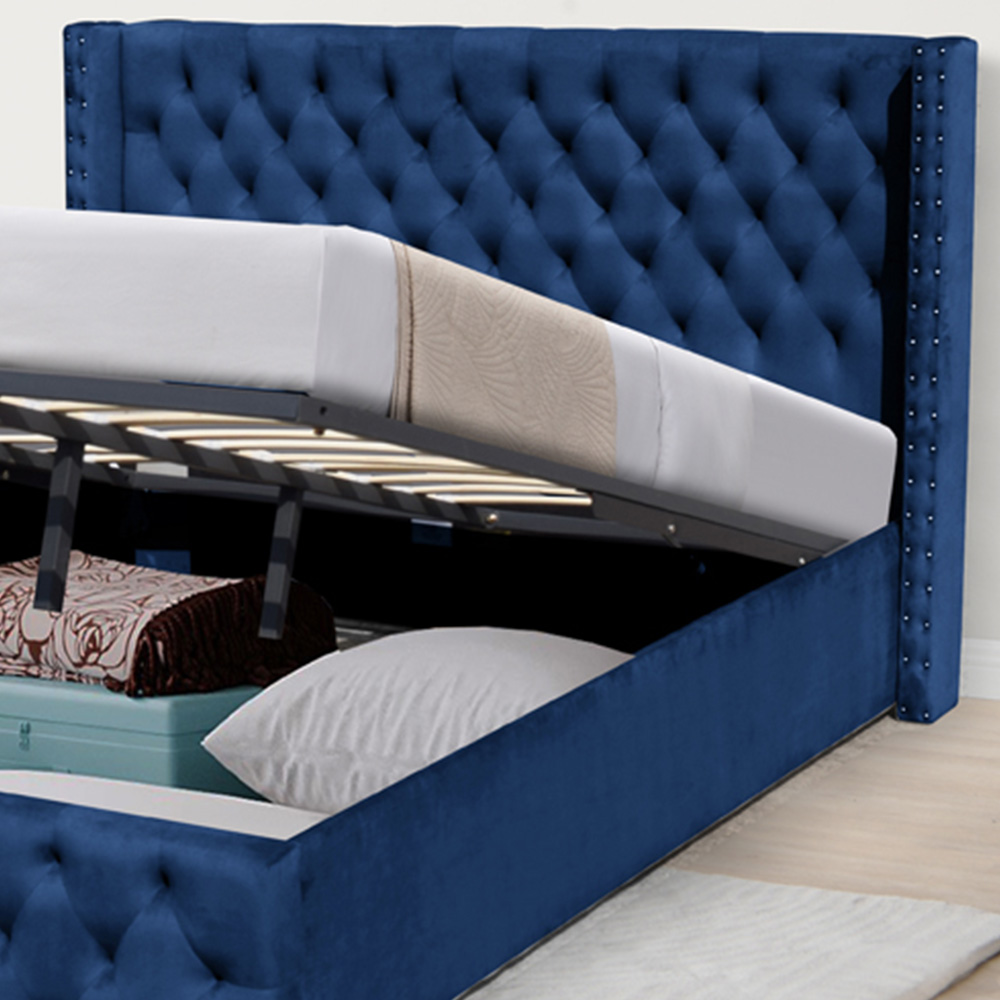 Comfy Living Double Blue Winged Plush Velvet Fabric Gas Lift Ottoman Bed Frame Image 2