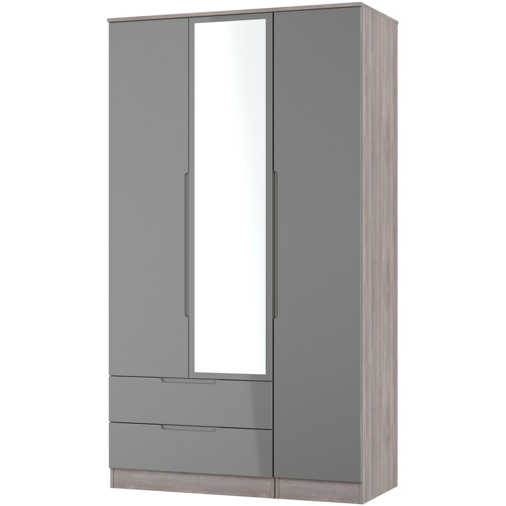 Crowndale Milan 3 Door 2 Drawer Grey Gloss and Grey Oak Tall Mirrored Wardrobe Ready Assembled Image 2