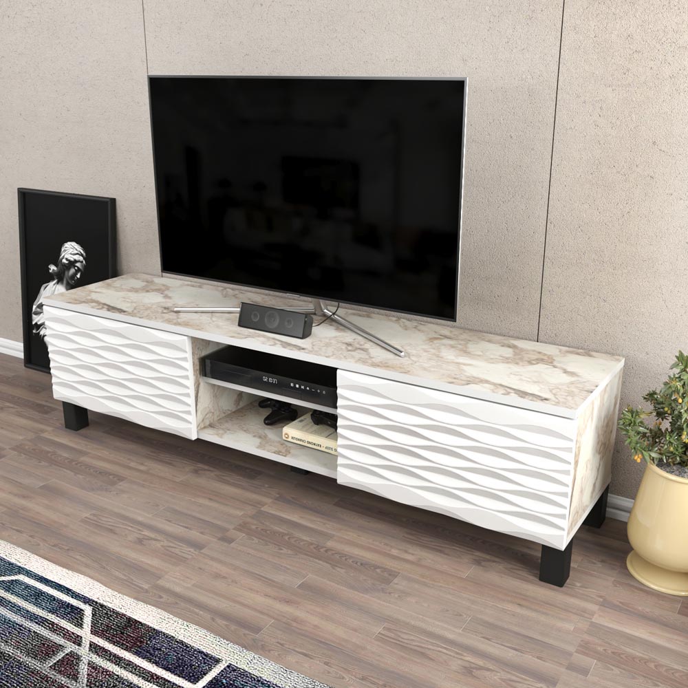 Decorotika Lukas 2 Door 2 White Marble and White TV Unit Image 3