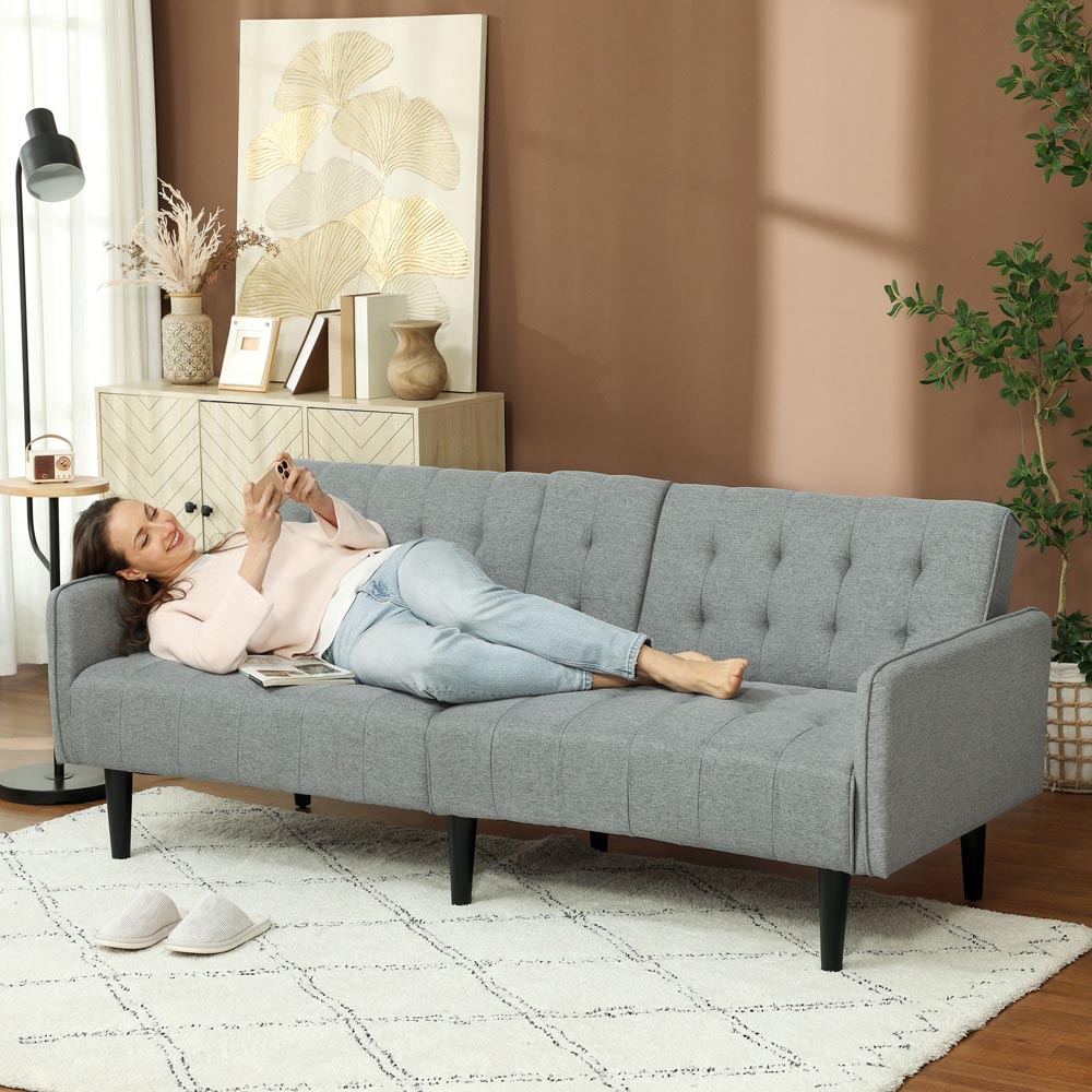 HOMCOM 3 Seater Light Grey Upholstered Sofa Bed with Storage Image 4
