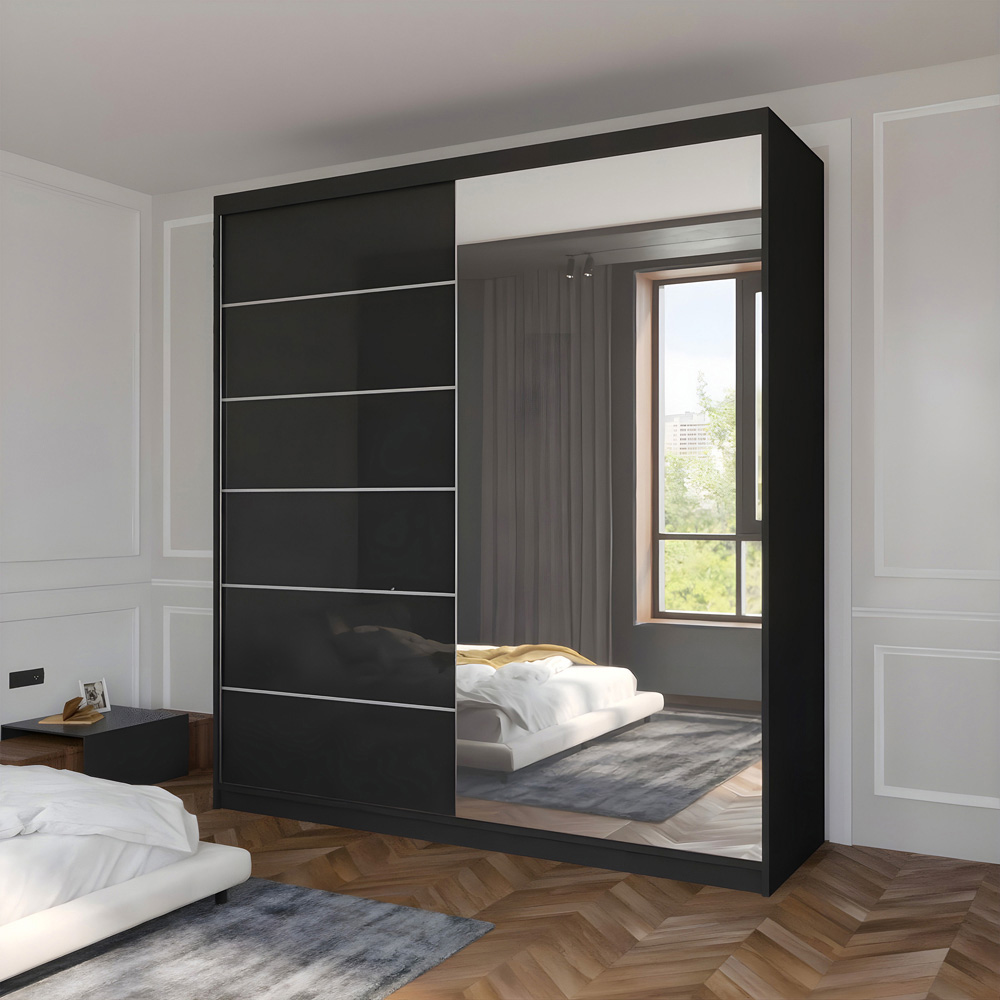 Sliding Wardrobes 4U Infinity 2 Door Black High Gloss Compact Mirrored Wardrobe 150cm Image 3