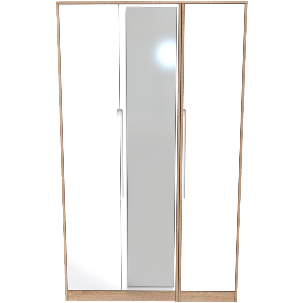 Crowndale Monaco 3 Door White Gloss and Bardolino Oak Tall Mirror Wardrobe Ready Assembled Image 2