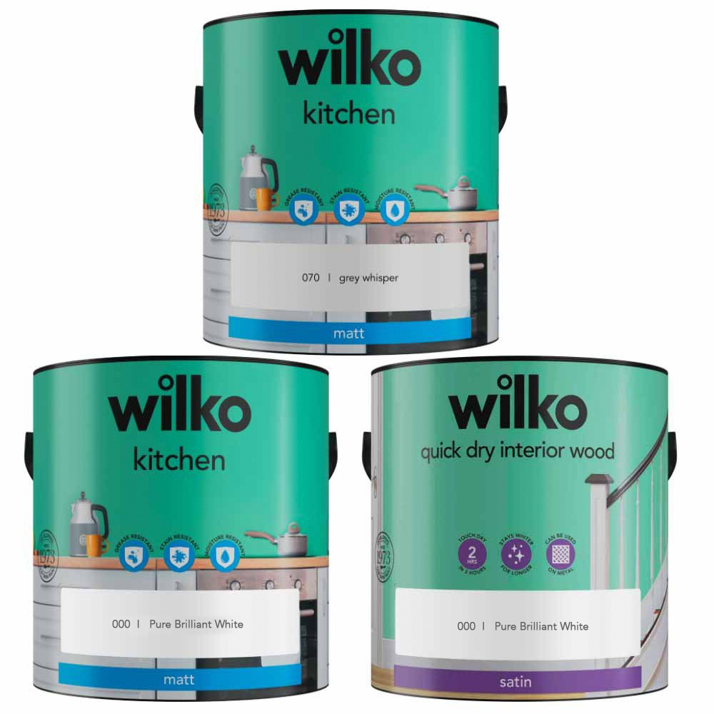 Wilko Kitchen Grey Whisper and Pure Brilliant White Paint Bundle Image 1