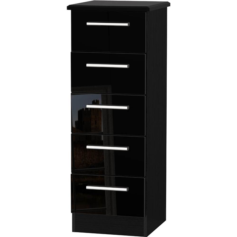 Crowndale Knightsbridge 5 Drawer Black Gloss and Black Tall Bedside Cabinet Ready Assembled Image 2