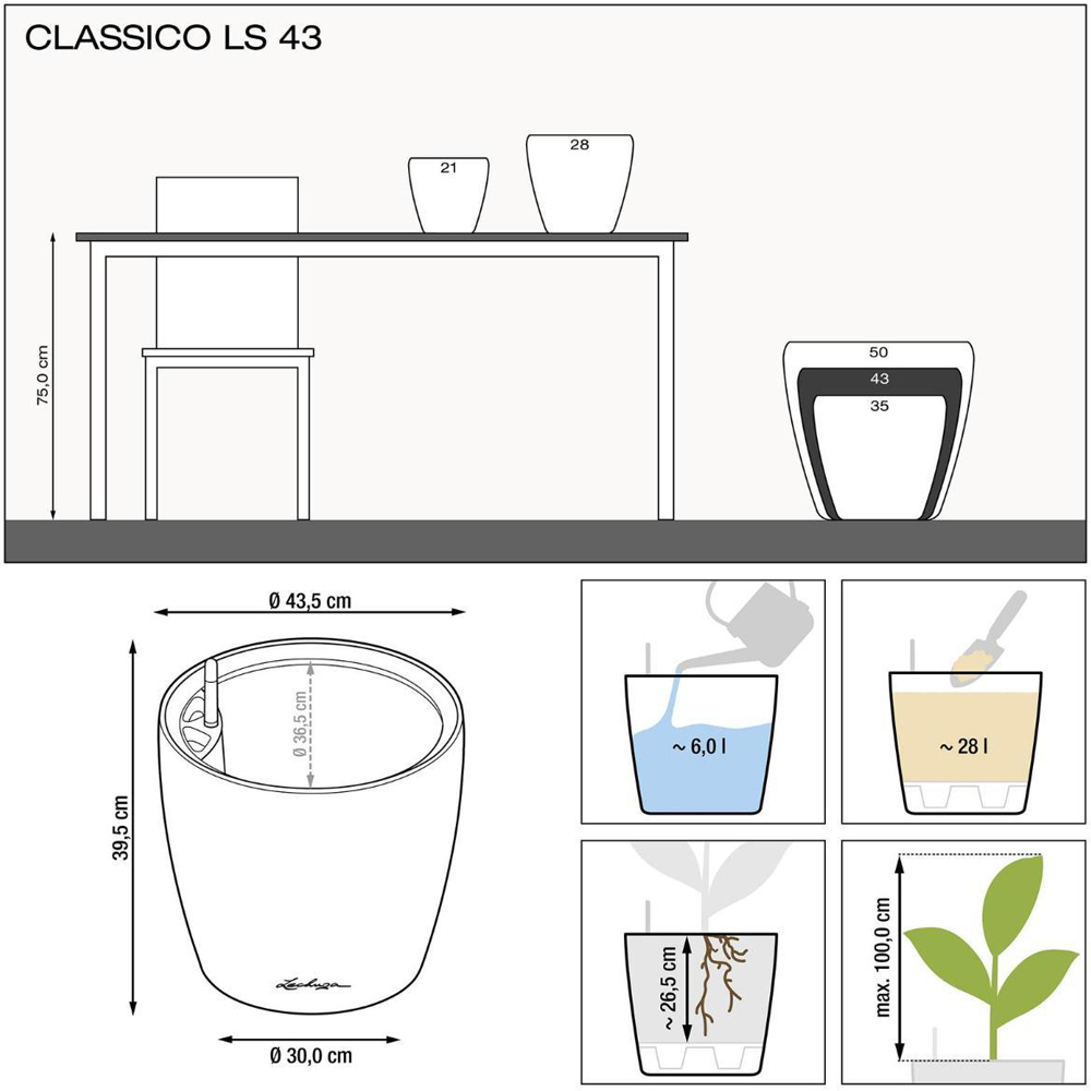 Lechuza Classico 43 LS Charcoal Poly-Resin Self-Watering Planter 40cm Image 7