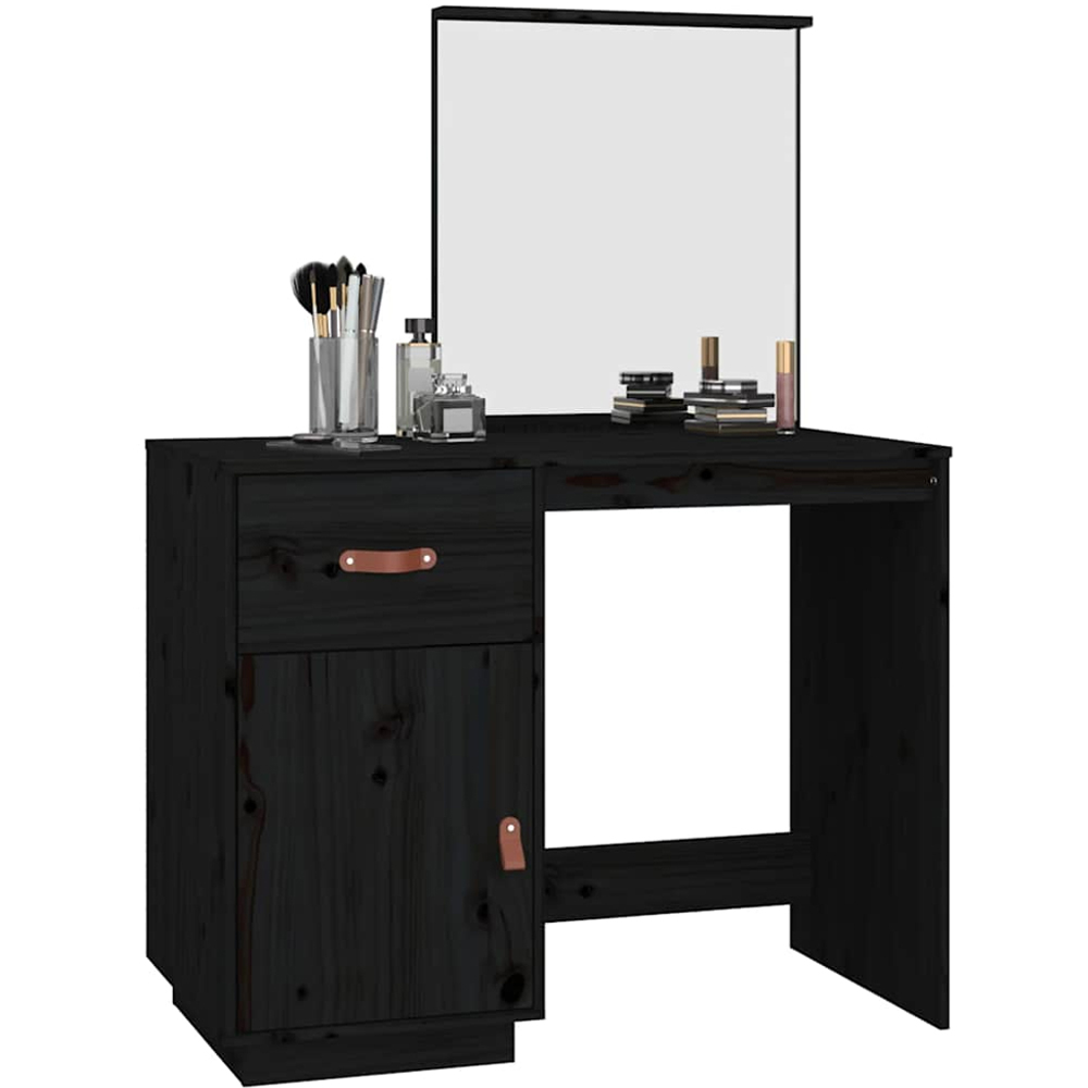 vidaXL Single Door Single Drawer Black Solid Wood Pine Dressing Table with Mirror Image 4