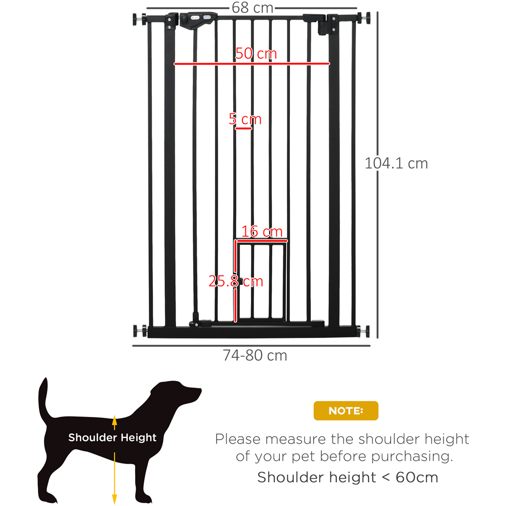 PawHut Black 74-80cm Wide Extra Tall Pet Safety Gate with Cat Flap Image 7