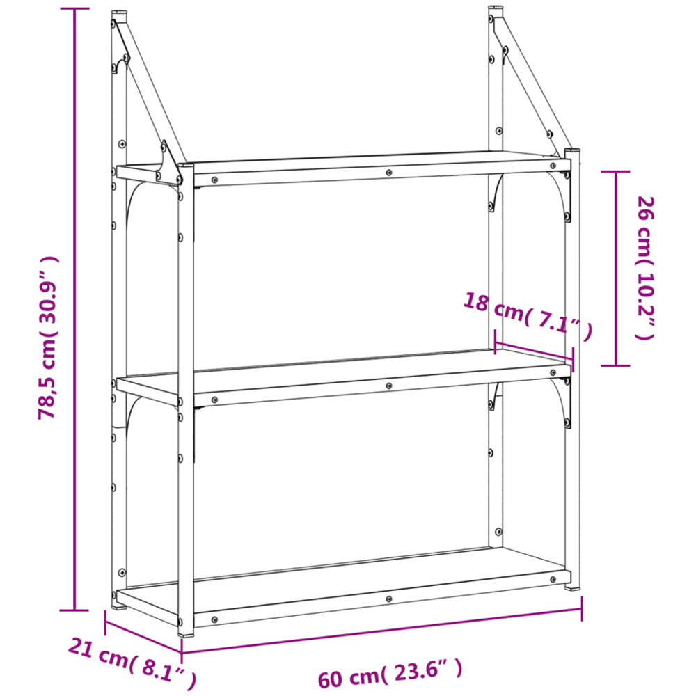 vidaXL 60 x 21 x 78.5cm 3-Tier Grey Wall Shelf Image 7