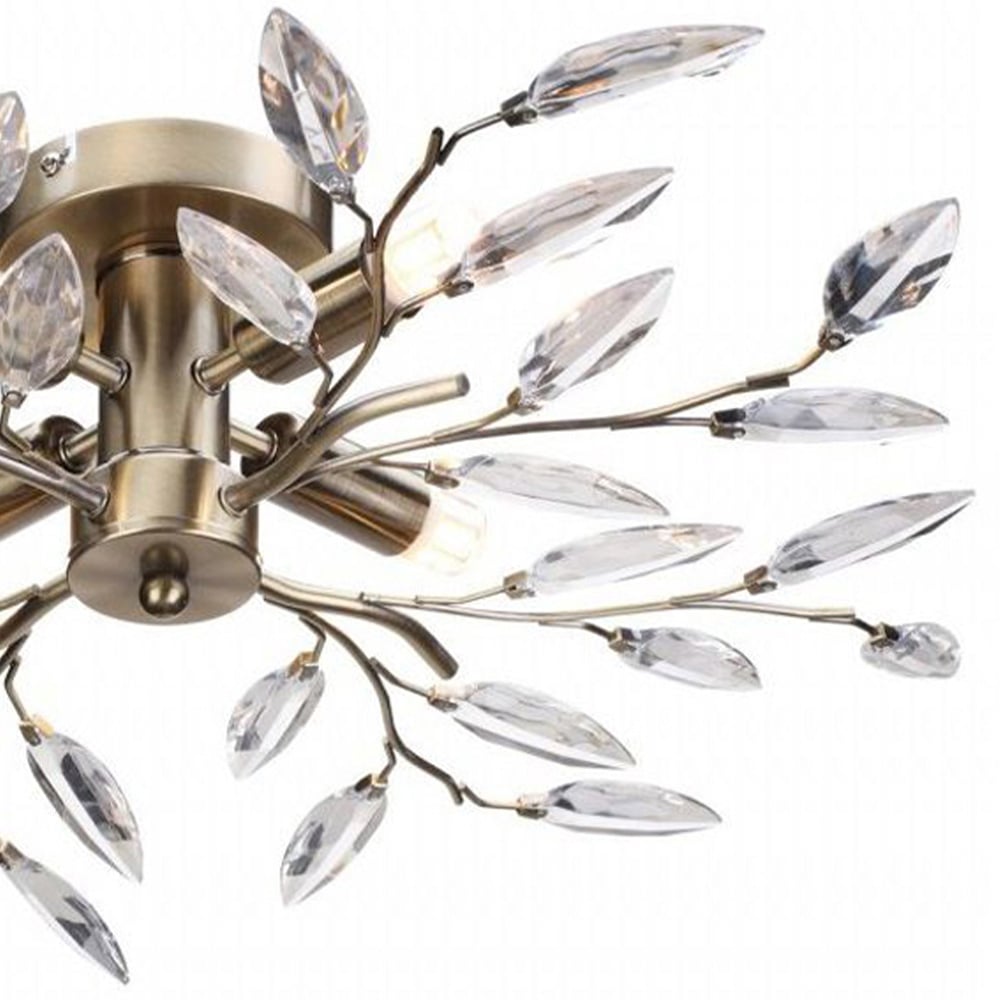 Happy Homewares Modern Birch Clear Leaves 4 Light Semi Flush Antique Brass Ceiling Light Image 2