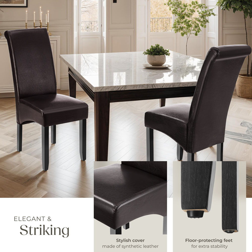 tectake Set of 4 Brown Faux Leather High Backrest Dining Chair Image 4