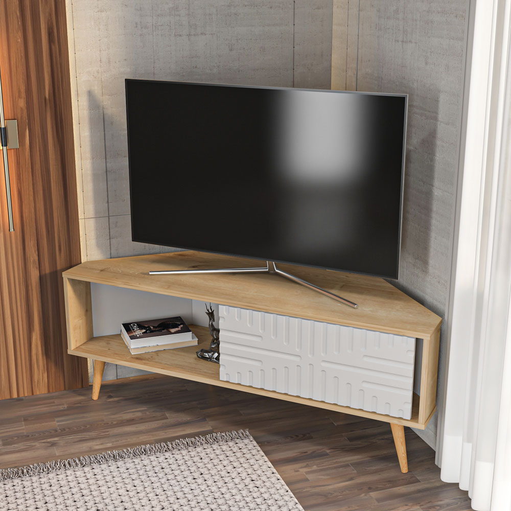 Decorotika Mora Single Sliding Door Sapphire Oak and White Corner TV Unit Image 3