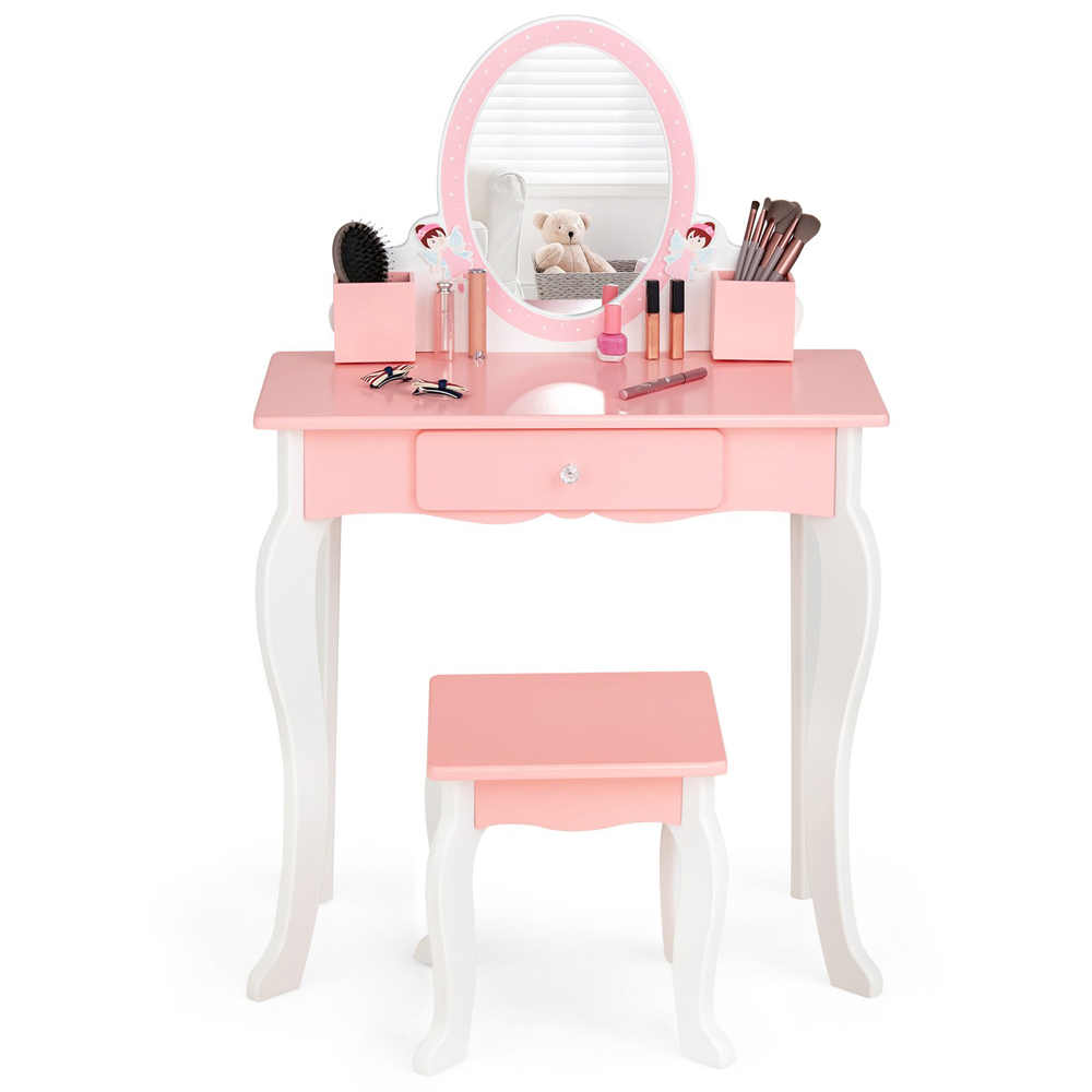 Costway Single Drawer Kids Pink Dressing Table and Stool Set with Mirror Image 2