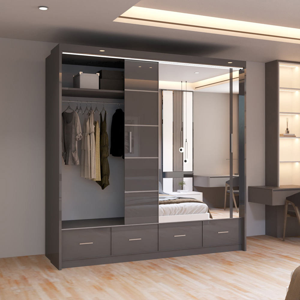 Sliding Wardrobes 4U 2 Sliding Door Grey Modern High Gloss Mirrored Wardrobe Image 4