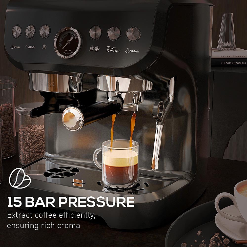 HOMCOM 800-197V70BK Black 15 Bar Pressure Espresso Machine with Bean Grinder and Steam Wand Image 6
