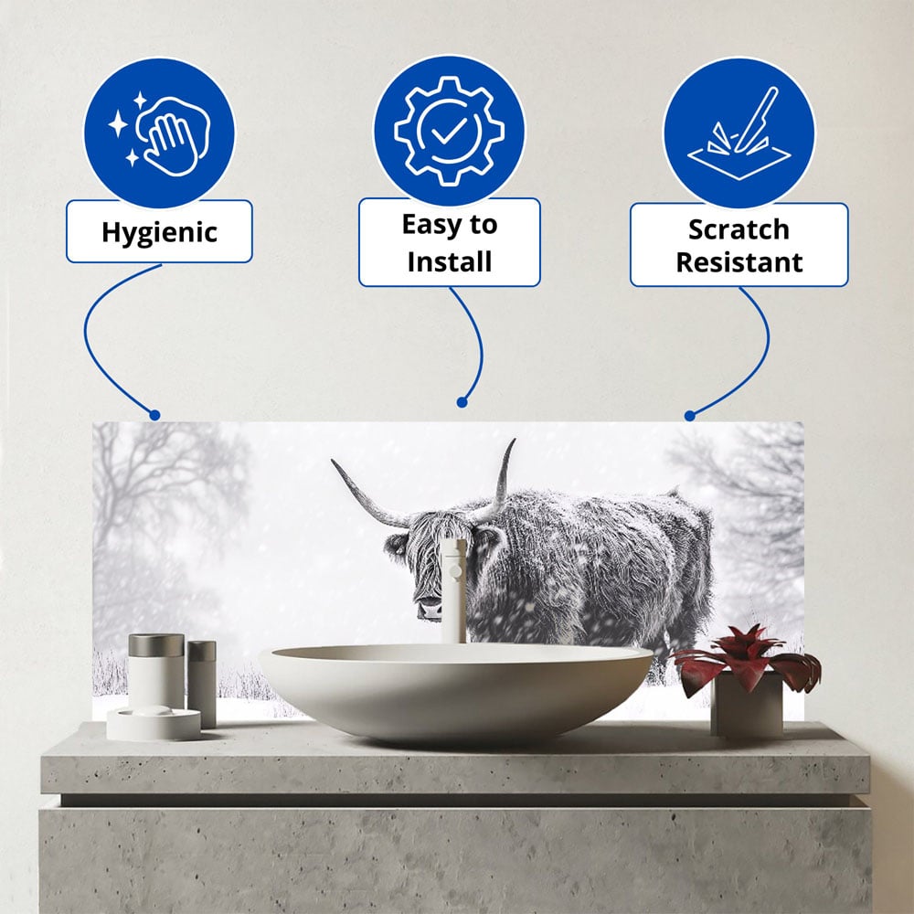 Warren Reed Designer Snowy Black and White Highland Cow Bathroom Splashback 25 x 60cm Image 3