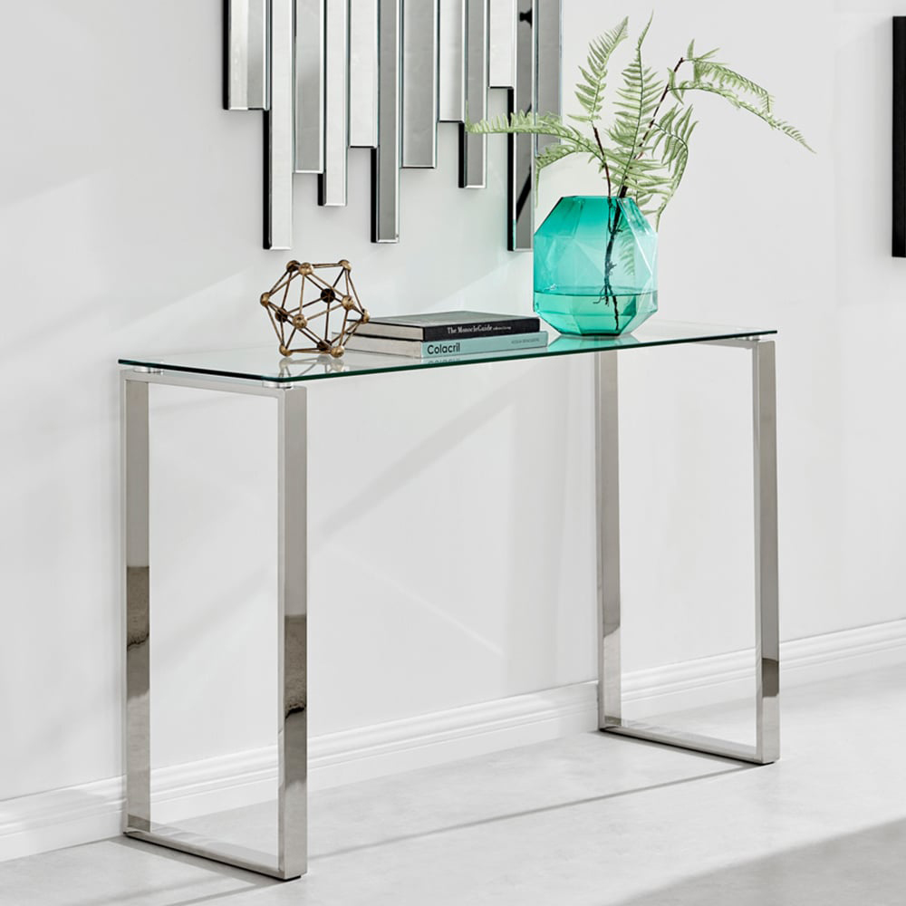 Furniturebox Havana Modern Clear Glass And Chrome Metal Console Table Image 6