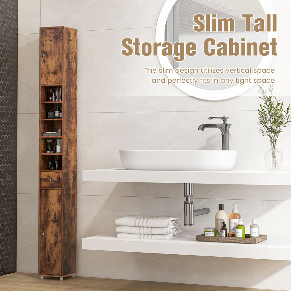 Costway Single Drawer 2 Door 5 Shelf Rustic Brown Tall Freestanding Bathroom Cabinet Image 6