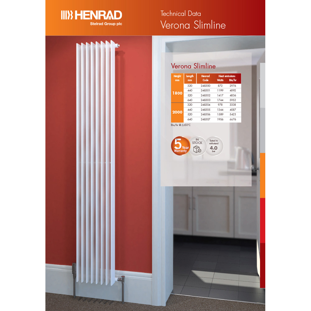 Henrad by Stelrad Verona Slimline White Radiator 1800 x 320mm Image 3