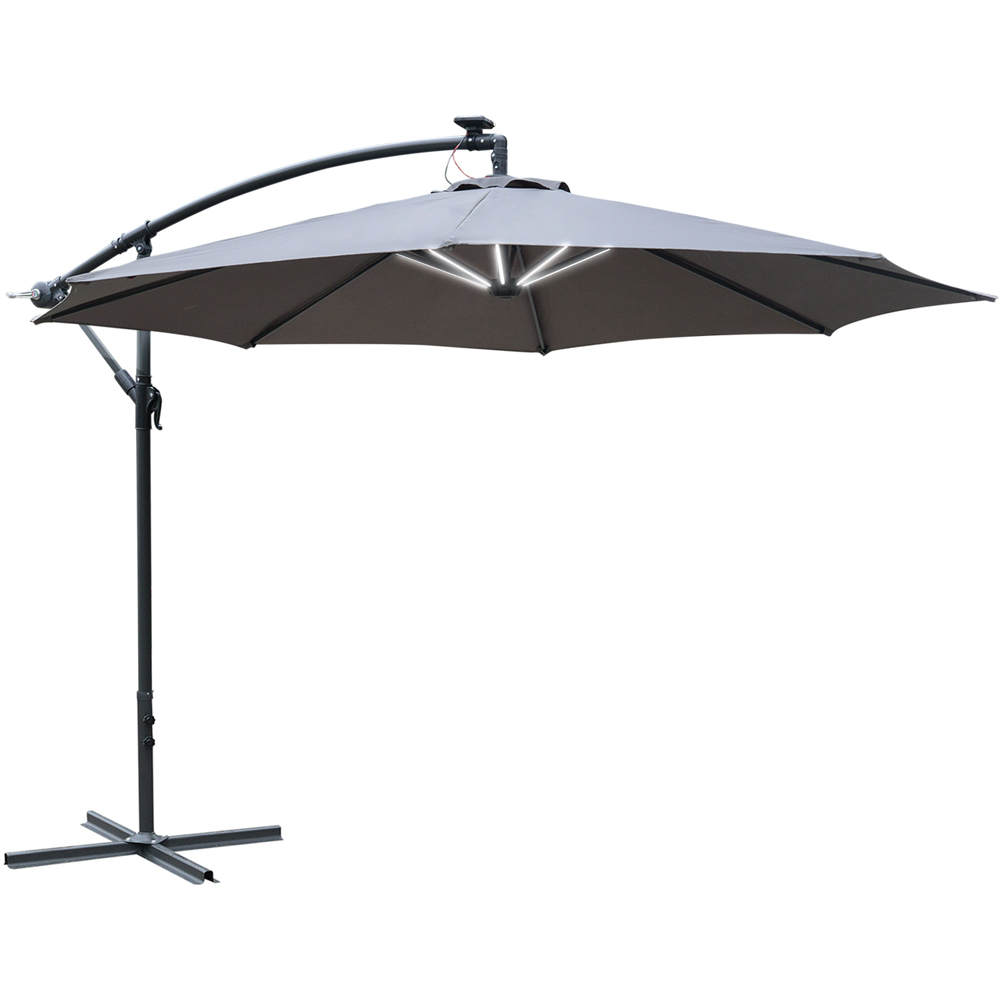 Outsunny Grey LED Banana Umbrella Cantilever Parasol with Crank Handle and Cross Base 3m Image 1