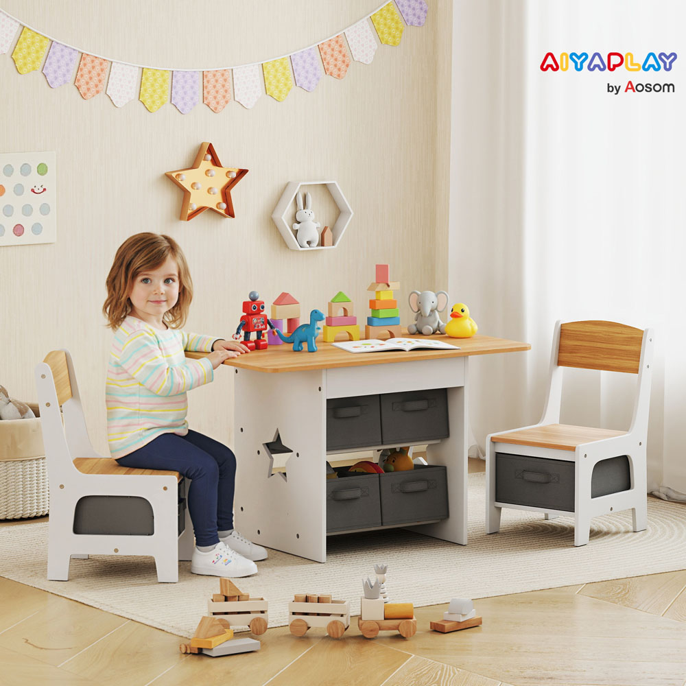 AIYAPLAY Natural Kids Table and Chair Set with 6 Removable Drawers Image 1
