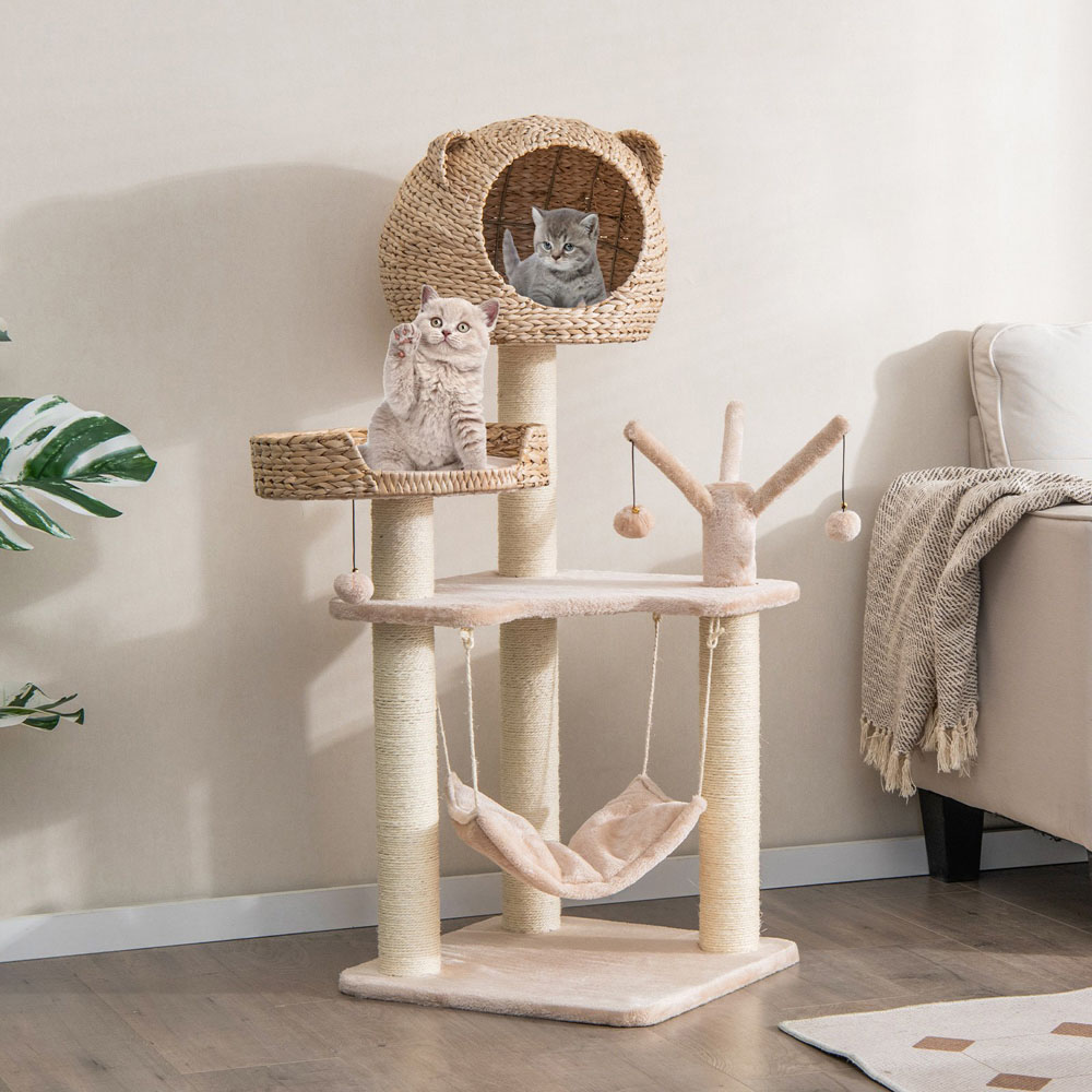 Costway 121cm Natural Cat Tree Scratcher with Cattail Fluff Condo Image 2