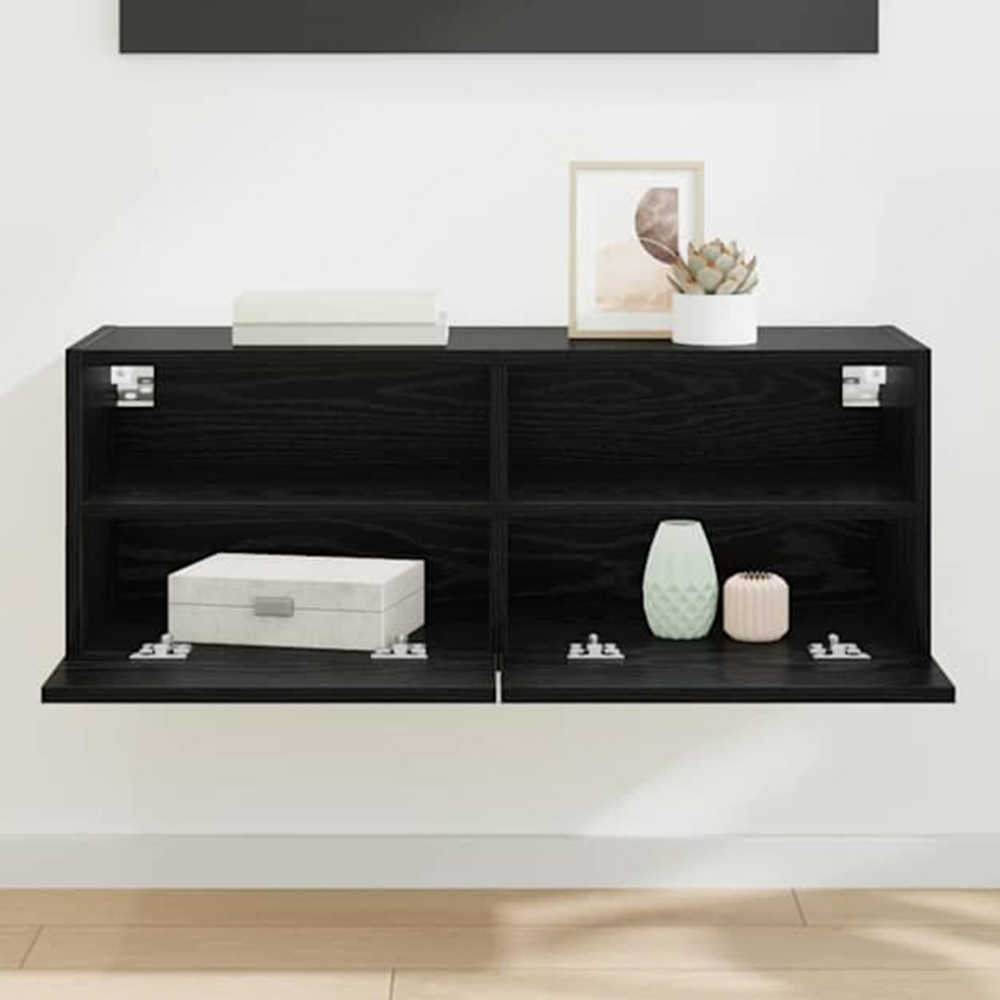 vidaXL 2 Door 2 Shelf Black Oak Wide Wall Mounted TV Unit Image 1