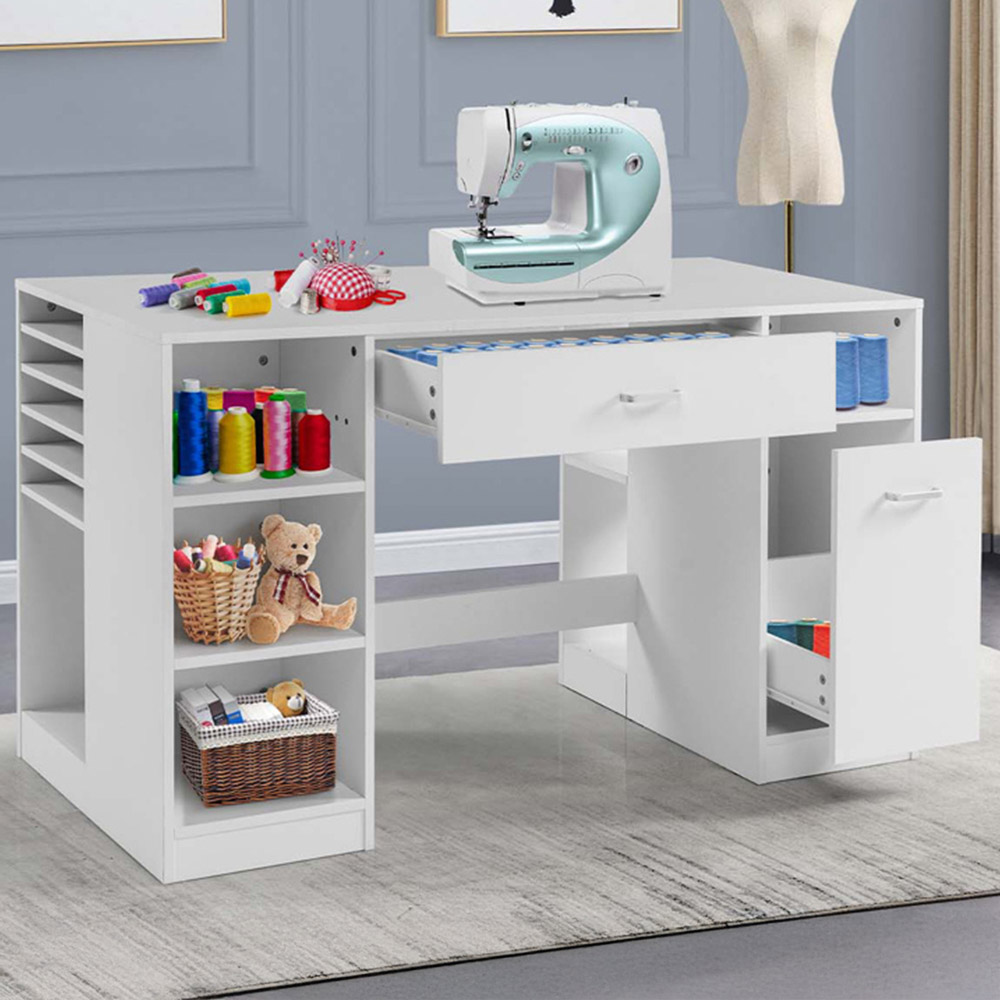 Costway 2 Drawer and 7 Shelf White Large Sewing Craft Table Image 1