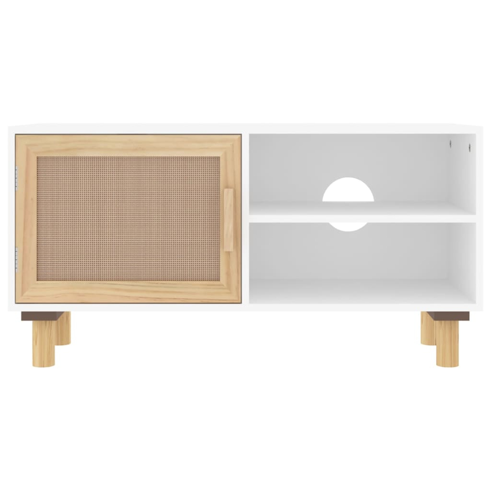 vidaXL Single Door 2 Shelf White Solid Pine Wood and Natural Rattan TV Cabinet Image 4