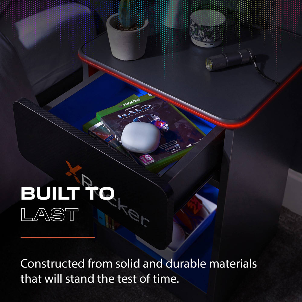 X Rocker Carbon-Tek Single Drawer Single Shelf Grey and Blue LED Bedside Table with Charging Image 6