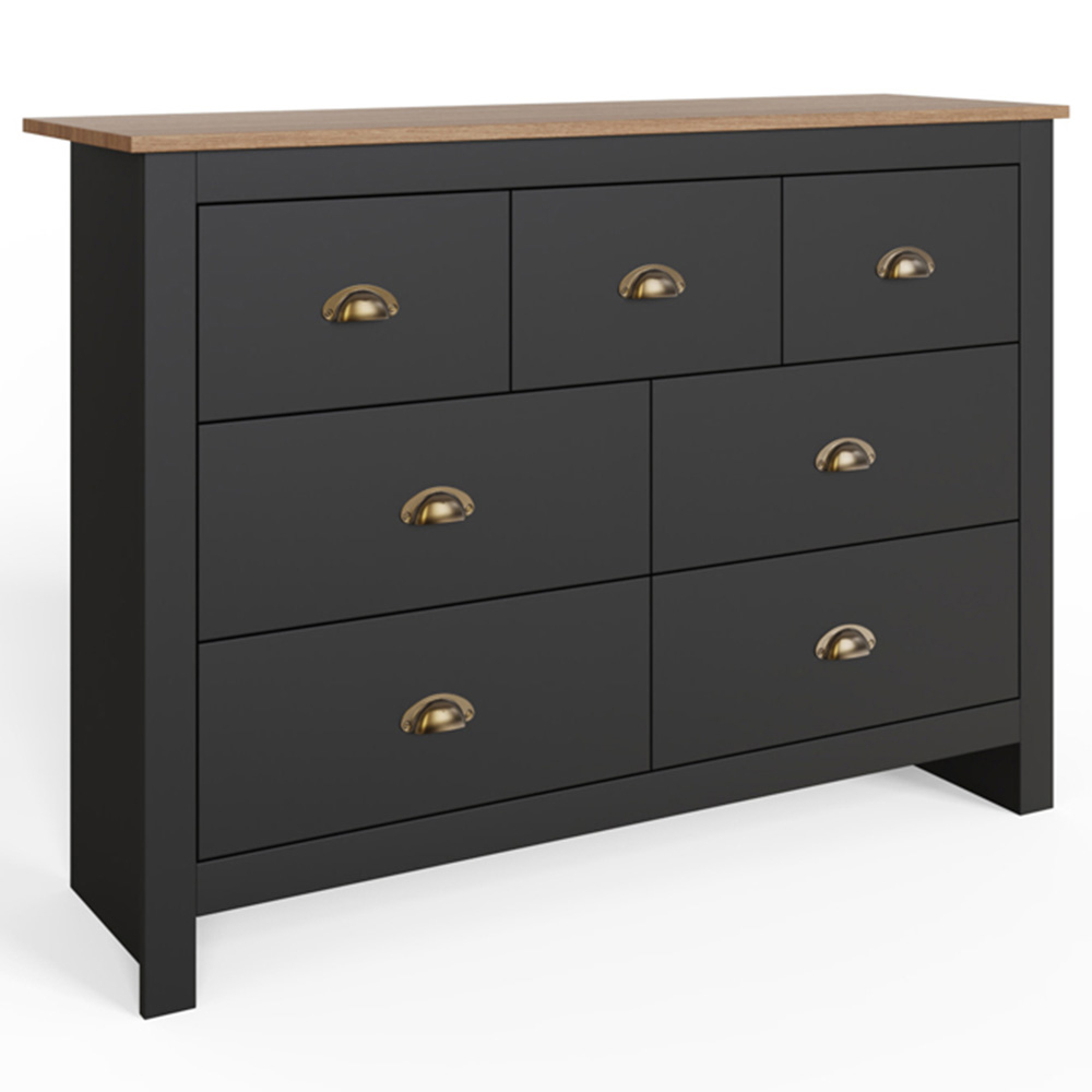GFW Lancaster 7 Drawer Black Merchants Chest of Drawers with Oak Effect Top Image 2