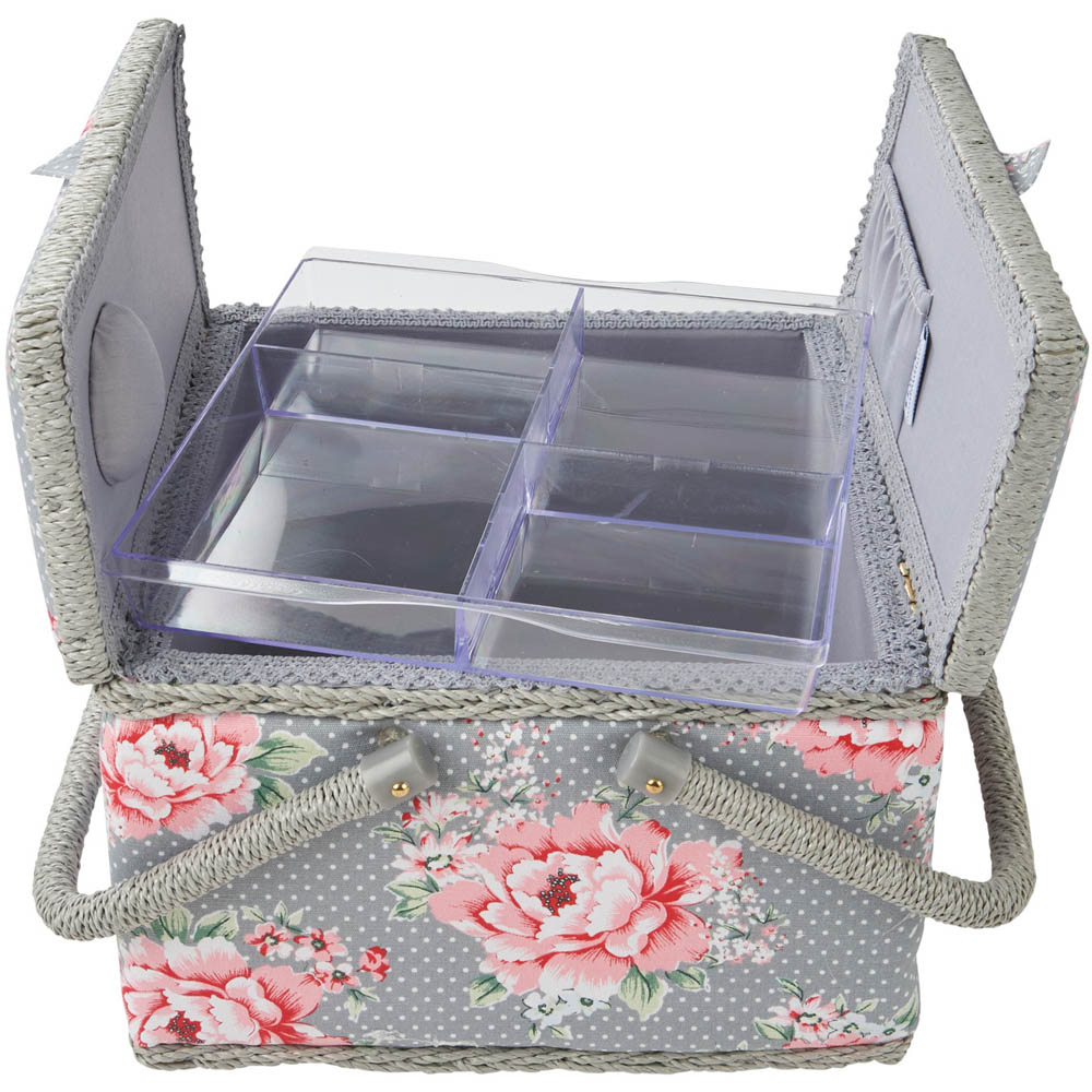Sewing Online Grey Beautiful Bloom Print Large Twin Lid Sewing Box with Carry Handle Image 2