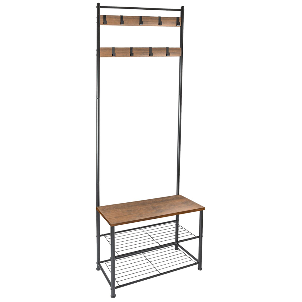 Harbour Housewares 2 Shelf 9 Hook Black and Brown Square Steel Coat Rack with Shoe Storage Bench Image 2