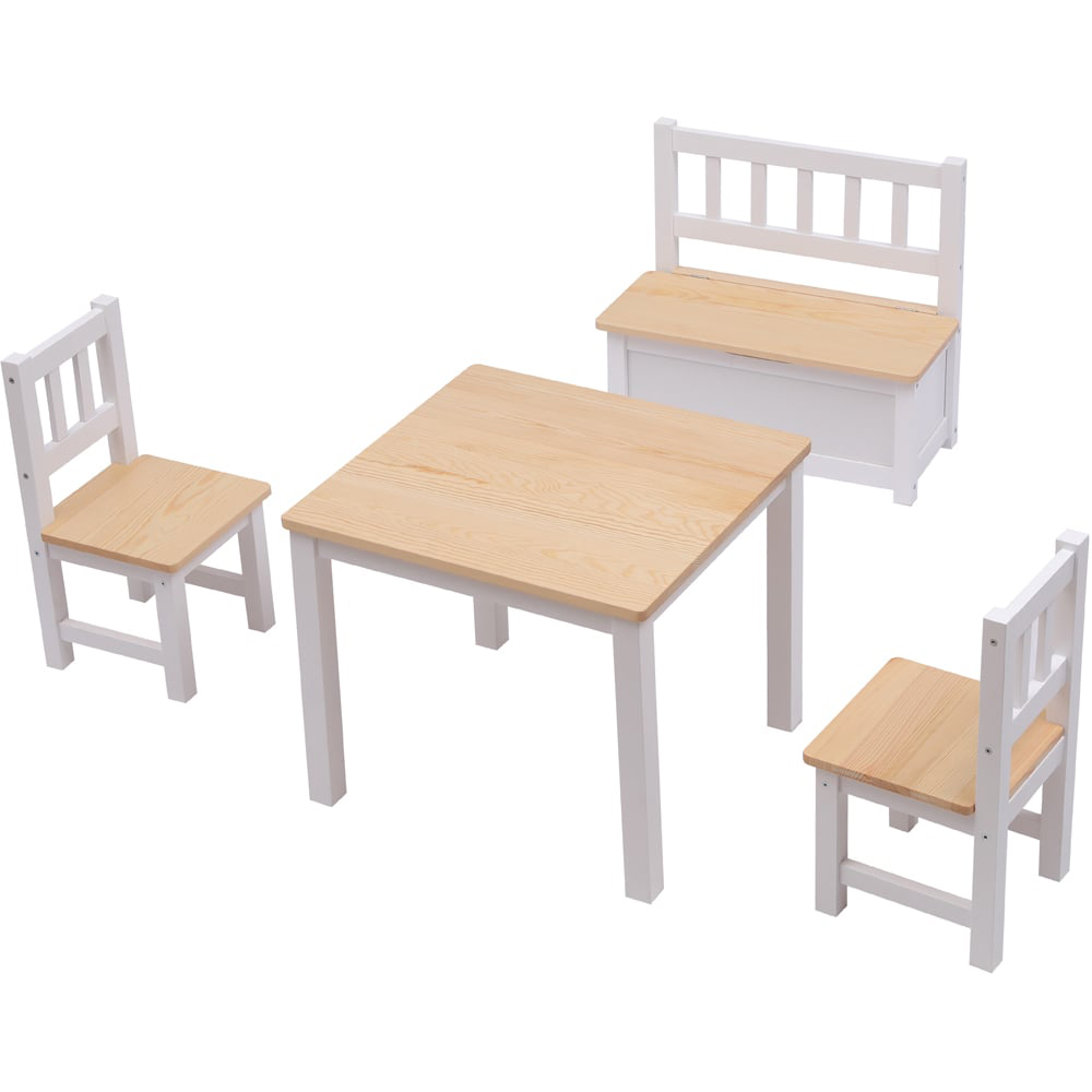 FurnitureHMD Kids 4 Seater White Pine Wood Table Chair and Storage Bench Set Image 2