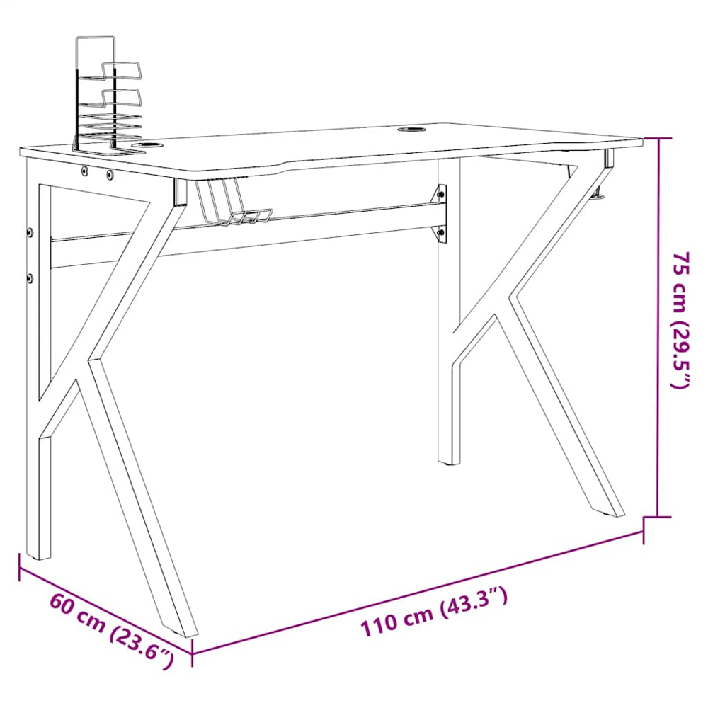 vidaXL K-Shaped Leg Gaming Desk with Headphone Holder Black 110cm Image 7